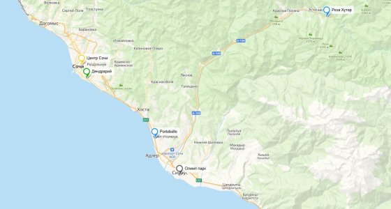 Location on the map of Sochi